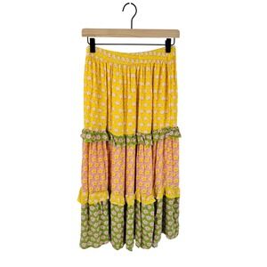 Salty Lemon Tiered Maxi Skirt Yellow Pink Floral Ruffle Boho L Summer Festival